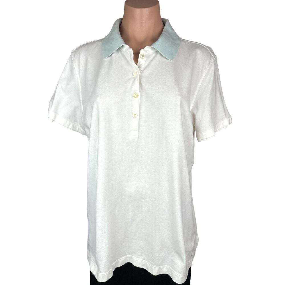 Tommy Hilfiger Size XL Women's Polo Shirt White w Light Blue Collar Short Sleeve